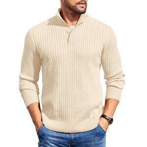 Men's Quarter Button Sweater Long Sleeve Stand Collar Sweater Knitted Beige